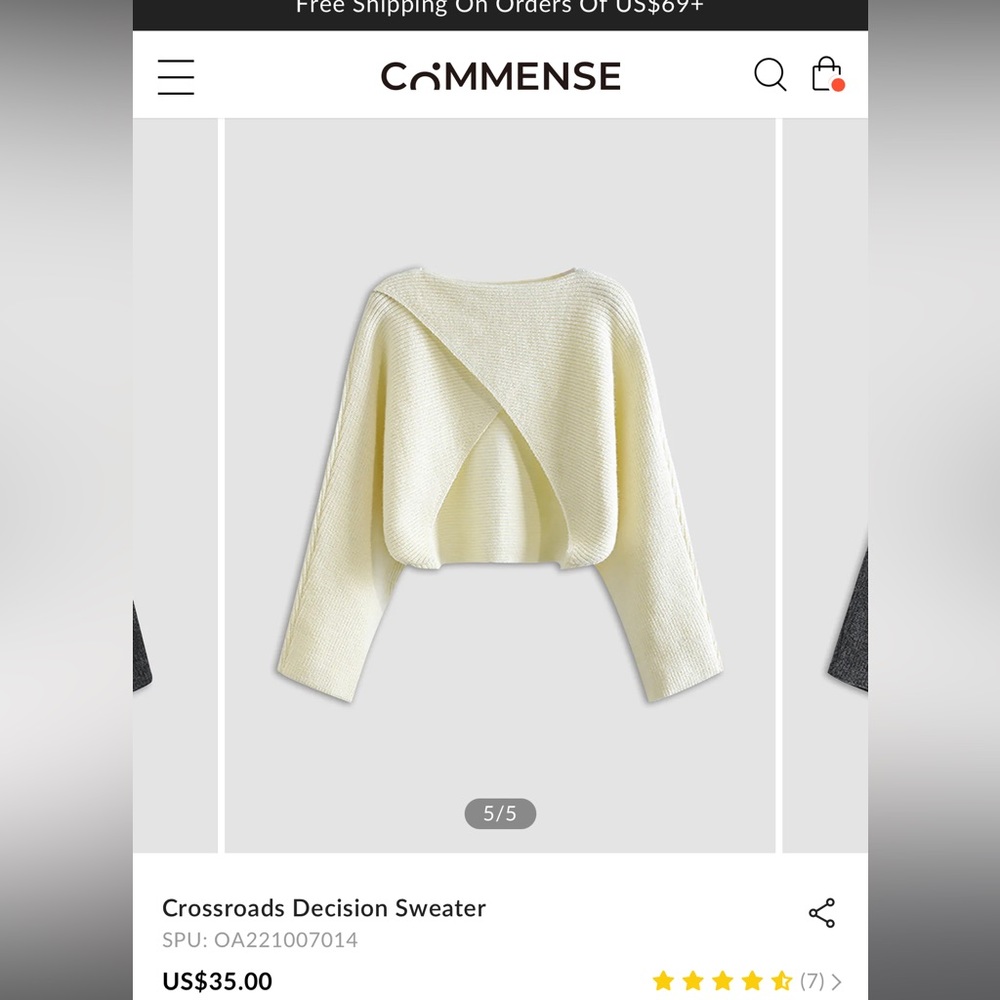 COMMENSE ivory knit sweater asymmetric crop